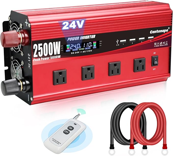 2500W Power Inverter 24V to 110V/120V DC to AC with LCD Display, Remote Controller 4 x AC Outlets and 4 x 3.1A USB Car Adapter for Car Truck Boat RV Solar System