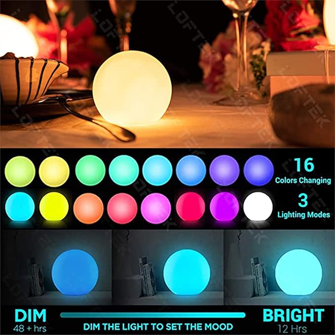 LOFTEK Floating Pool Lights - 6-inch Cordless Ball Light with Remote - 3 Modes & 16 RGB Color Changing Lamp Dimmable - Rechargeable & Hangable & Waterproof Shower Lamp for Party Decor -1 Piece
