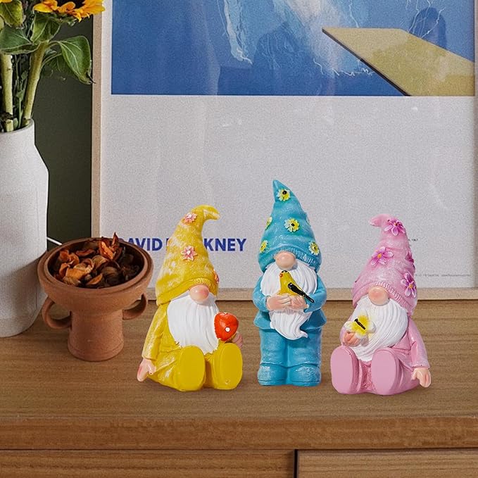 Artpaul 3 Pcs Gnomes Decorations Figurine Resin Statues,Cute Mushroom Bird Butterfly Gnomes for Home Table Shelf Gift Décor Accents (Multicolor)