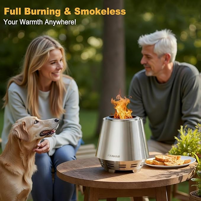 FANHAO Smokeless Fire Pit for Camping, Outdoor & Patio, Stainless Steel Tabletop Firepit with Stand, Wood Burning or Pellet Fueled Portable Bonfire with Carrying Bag | 120% More Efficient Burn