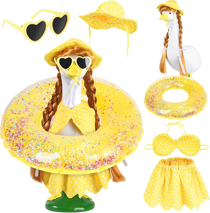 Hawaiian Porch Goose Outfits with Braid Wig Set, Bikini Goose Clothes – Fits 23” Porch Goose Statue, Outdoor Patio Yard & Lawn Decoration