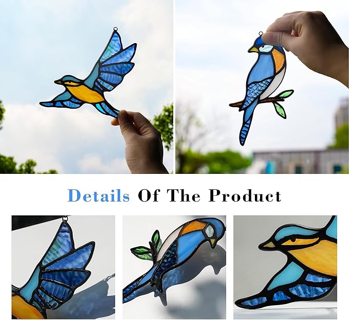 BOXCASA Blue Birds Decor Stained Glass Suncathers for Window,Stained Glass Bird Window Hanging,Birds Gifts for Bird Lovers,Birthday Gift for Women Mom Grandma
