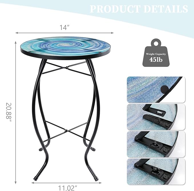 MUMTOP Outdoor End Tables for Patio, The Milky Way Small Round Side Table, Glass Accent Table for Outside, Garden, Balcony, Porch, Indoor Home Decor
