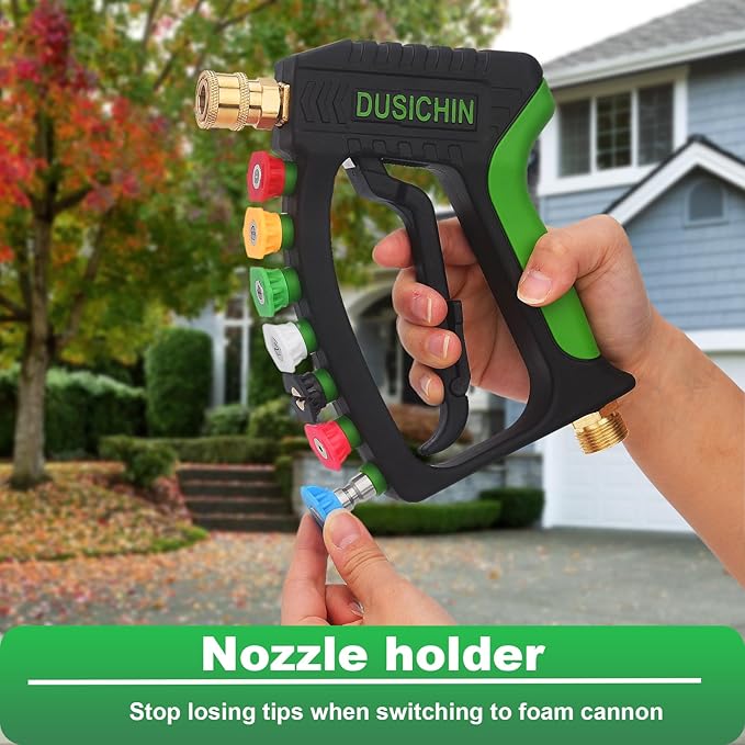 DUSICHIN Short Pressure Washer Gun 4000 PSI High Pressure Water Handle 1/4”Quick Connector,Car Wash Foam Gun Nozzle Tips Holder with Swivel 3/8" Quick Connector,M22-14 mm and M22-15 mm Fitting DUS2902