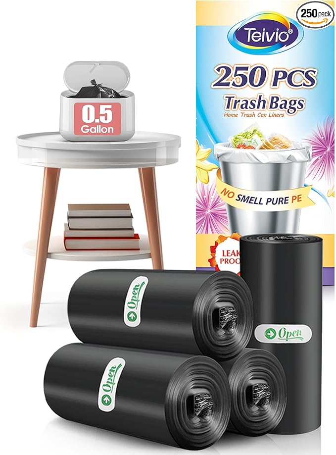 0.5 Gallon Mini Trash Bags Garbage Bags, Tiny Bathroom Trash Can Liners by Teivio, Small Plastic Bags for Desktop Trash Bin/Dog/Poop Car, Fit 2 Liters or Less Can (220 Counts, Black)