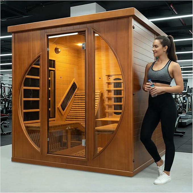 ZONEMEL Full Spectrum Infrared 2 Person Wooden Sauna Room with Recliner, Red Cedar Luxury Indoor Sauna with 10 Heaters, Oxygen Bar, Lights, 3400 Watt, Infrared Therapy Wood Dry Heat Sauna, 220V