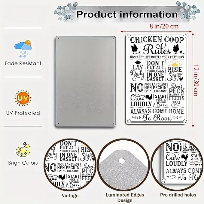 Funny Chicken Gifts Chicken Coop Rules Tin Sign for Home Farm Chicken Coop Farmhouse Kitchen Garden Decor 8 X 12 Inch (‌3720)