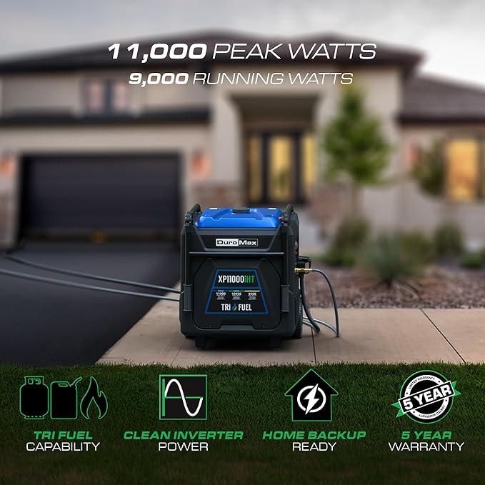 DuroMax XP11000iHT 11,000-Watt Tri Fuel Portable Digital Inverter Generator - Gas, Propane & Natural Gas, Remote Electric Start, Whole Home Power Backup, Transfer Switch Ready, RV & Emergency Ready