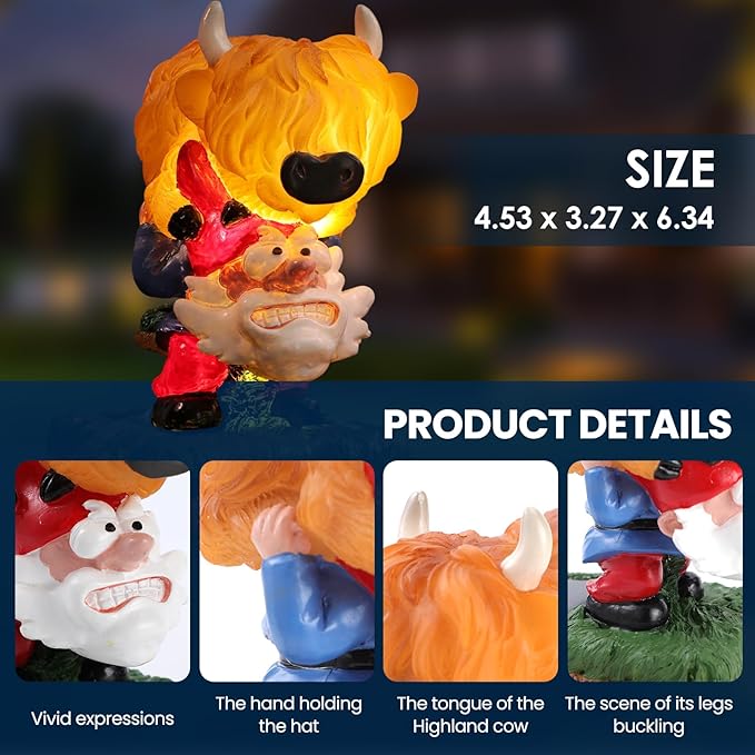 Garden Gnome Statue Highland Cow Gift,Yard Patio Balcony Outdoor Decor Solar Light Figurine, Christmas, Housewarming Gift,Idea Gift for Mom, Neighbor,Gnome Lover