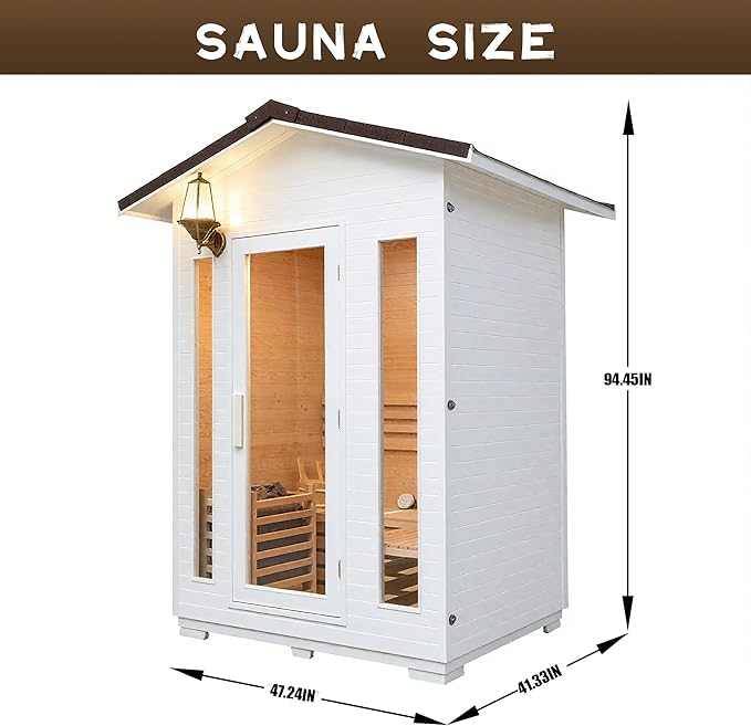 1-2 Person Outdoor Wooden Sauna Room,Canadian Cedar 220V 6KW Electric Stove Backyard Steam Sauna Kit with Light (White)