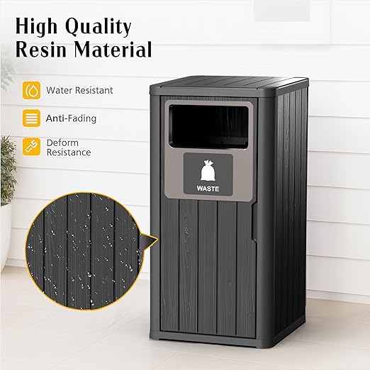ROJIK 35" Tall Outdoor Trash Can,Weatherproof Resin Garbage Indoor Durable Lightweight,Suitable for Patio Office Kitchen,Easy to Clean,Assemble(Waste, Black)