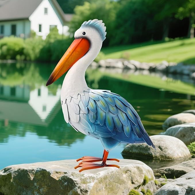 Pelican Statues Metal Garden Decor Coastal Blue Heron Yard Art Sculpture Ornament for Backyard Porch Patio Pond Decor