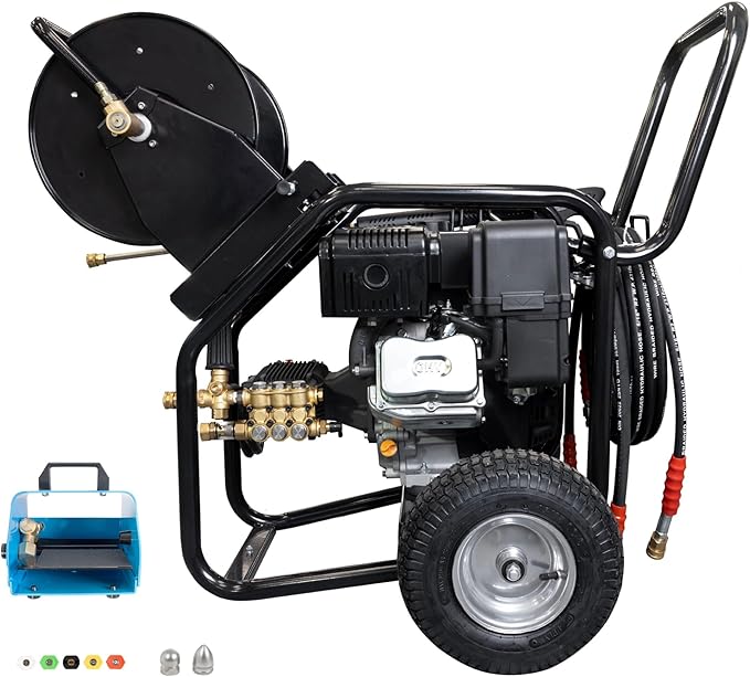 Canpump 2-in-1 Gas Pressure Washer & Sewer Jetter – 3400 PSI, 5.7 GPM, 420cc Loncin Engine – Triplex Pump w/Extended Bypass Unloader – 100 ft Hose Reel, Foot Valve, Spray Gun, Wand, Hose, Nozzles