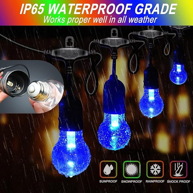 Auroraworld 48FT RGB Outdoor String Lights, Dimmable Color Changing Waterproof LED Patio Lights with Remote & E26 Shatterproof Edison Bulbs for Bistro Backyard Garden Party Decor