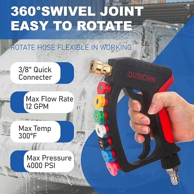 DUSICHIN Short Pressure Washer Wand High Spray Swivel Gun 7 Nozzle Tips 4000 PSI, Pressure Washer Attachment 1/4" Quick Connector Outlet,M22-14mm M22-15mm 3/8" Fitting, Not for Garden Hose DUS2911