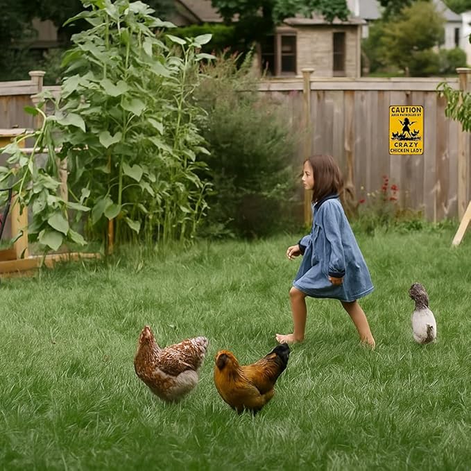 Funny Chicken Gifts Caution Area Patrolled By A Crazy Chicken Lady Tin Sign for Home Farm Chicken Coop Farmhouse Kicthen Garden Decor 8 X 12 Inch (3620)
