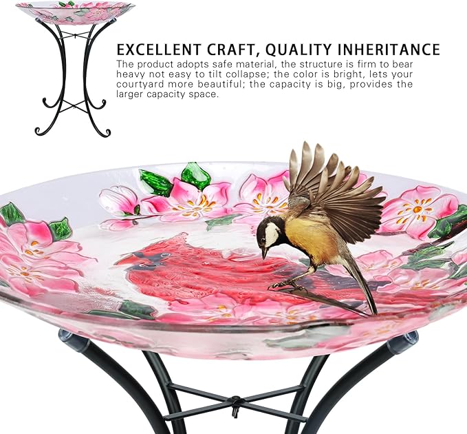 MUMTOP Outdoor Glass Birdbath with Metal Stand for Outside Lawn Yard Garden Cardinal Decor,18” Dia/21.65 Height