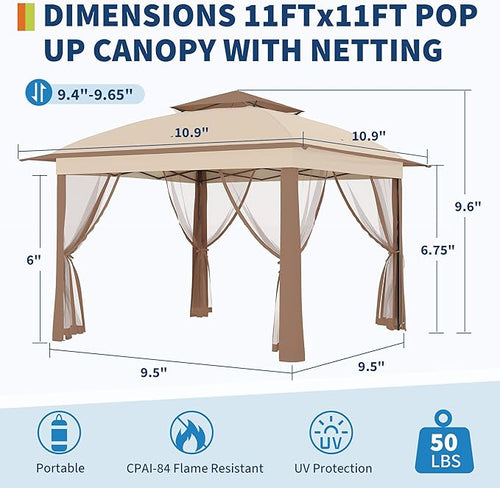 11x11 Pop Up Instant Gazebo Tent for Backyard, Pop Up Gazebo With Mosquito Netting, Outdoor Canopy Gazebos Waterproof With Portable Carrying Bag