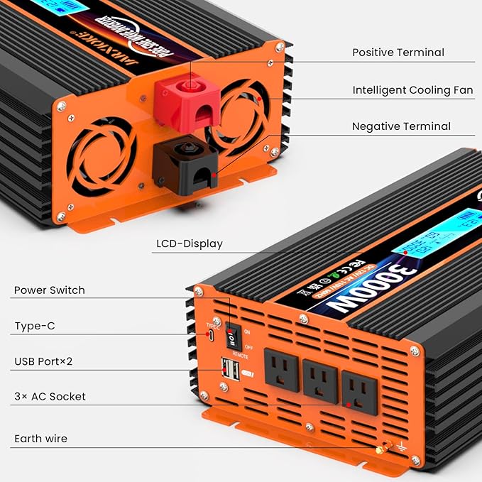 3000 Watt Pure Sine Wave Power Inverter 12V DC to 110V 120V Converter for Family RV Off Grid Solar System Car with Type-C Ports 4 AC Power Outlets Dual USB Ports LCD Display Wireless Remote Control