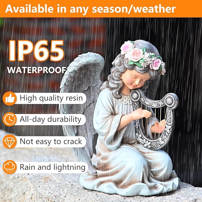 Solar Garden Outdoor Statues Lights, Resin Angel Figurine Light for Patio, Balcony, Yard, Lawn Ornament, Unique Housewarming Gifts and Yard Decor (Angel Plays)