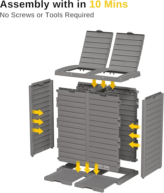 EAST OAK 62 Gallon Outdoor Trash Can, Waterproof Resin Garbage Can with Tiered Lid and Drip Tray, Outside Trash Bin for Patio, Backyard, Deck, Grey