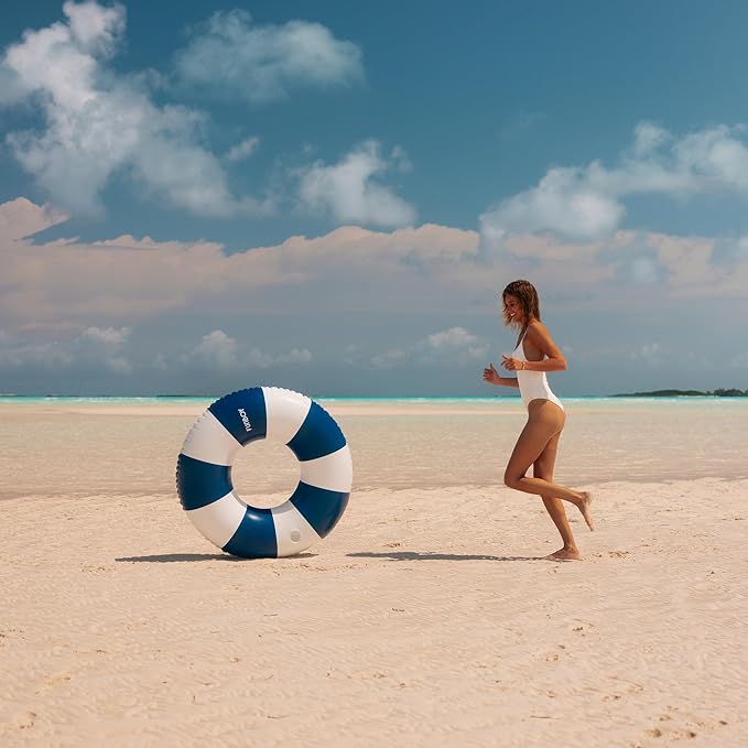 FUNBOY Giant Vintage Stripe Inflatable Tube Pool Float with Cup Holder 48" Large Pool Float for Adults Inner Tube Swimming Pool Toys Swim Rings Pool Lounger Float for Pool Party & Summer