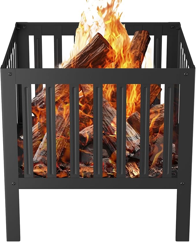 16 x 16 Inches Square Fire Pit/Bonfire Pit - Perfect for Garden Family Parties & Camping - Durable and Portable Design for Outdoor Enjoyment,Four-Sided Hollow and Breathable,Black