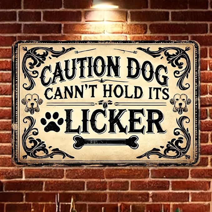 "Caution Dog Can't Hold Its Licker" Vintage Tin Sign - 12x8 inches, Iron Material, Suitable for Garage, Restaurant, Cafe, Bar, Living Room Decoration - UV Resistant and Fade Resistant