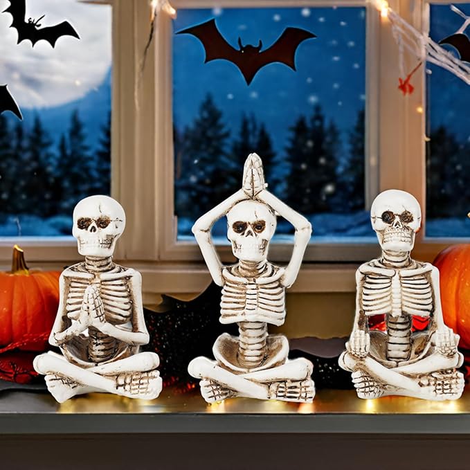 Newman House Studio Halloween Skeleton Decor - Realistic Meditating Skeleton Statues, Set of 3, 2*1.5*3.75 in Resin Indoor Zen Skull Decor