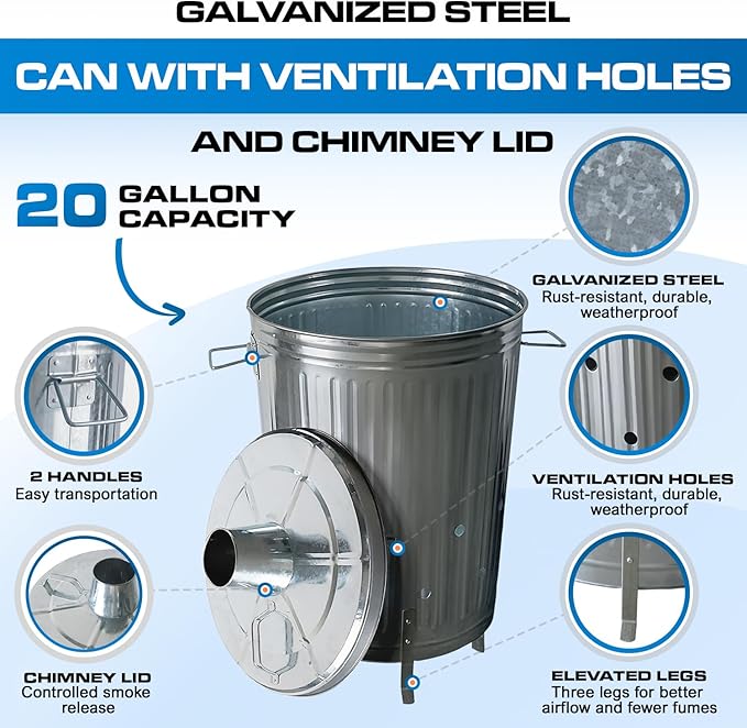 Plexon Metal Compost Bin Outdoor Burn Bin - Galvanized Trash Can with Lid Chimney and Vent Holes - Trash Burning Container Composter Incinerator for Garbage, 20 Gallon (Chimney Lid and Vent Holes)