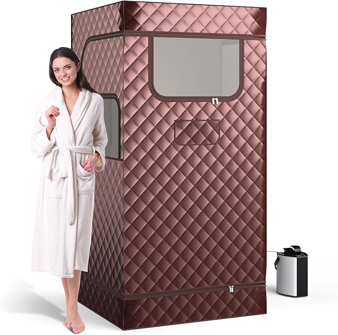 Giantex Portable Sauna Box, Full Body Steam Sauna for Home with 3L Generator, Remote Control, Folding Chair & Wooden Foot Roller, Lightweight Single Person Sauna Tent, 36" x 36" x 72", Coffee