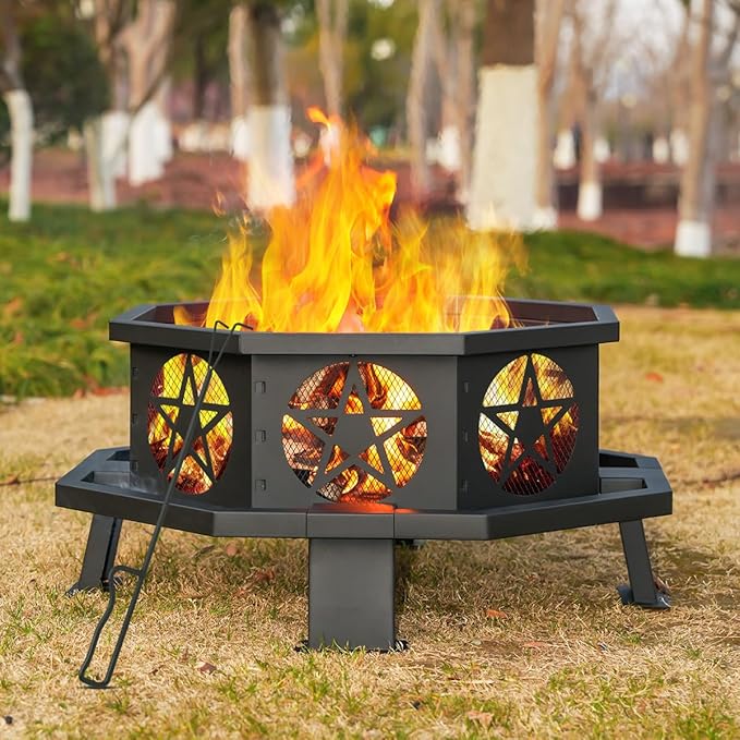 32 Inch Small Octagonal Fire Pit,Outdoor Wood Burning Fire Pits for Patio, Picnic,Bonfire,Heavy Duty Firepits for Outside Backyard Garden,Camping