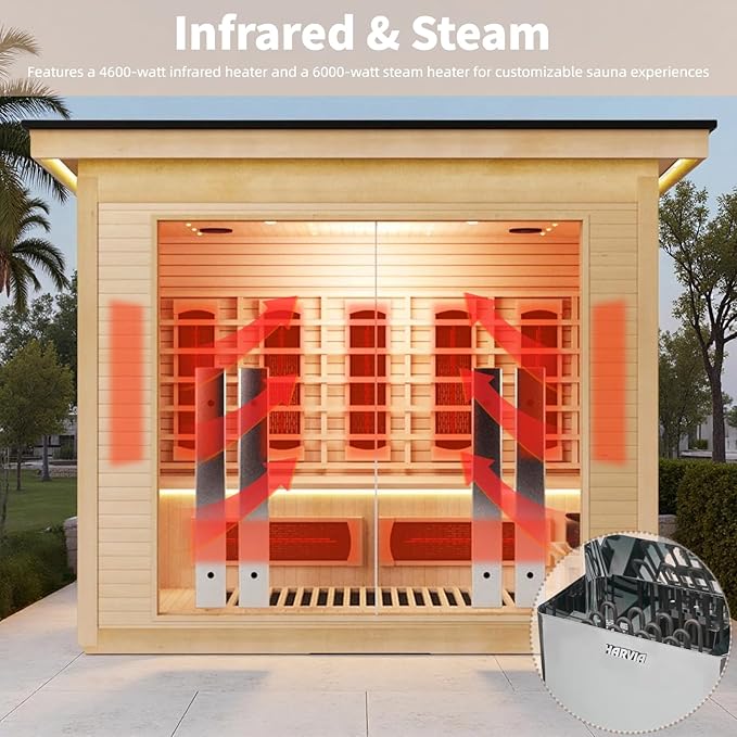 4-Person Far Infrared & Steam Dual-System Sauna Room, Outdoor Canadian Hemlock Wood Sauna, WiFi Control, Red Light Therapy, 14 Heaters& Electric Stove, Left Door, 220-240V