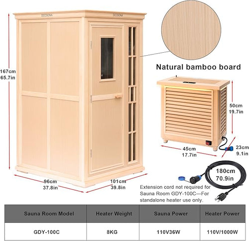 1 Person Dry Sauna for Home Max 165°F Traditional Sauna Experance, Indoor Hemlock Wooden Sauna, 110V-120V Electric Fast Heating, Easy Assembly, 7-Color Lamp, Bluetooth Size: 39.8 x 37.8 x 65.7inch