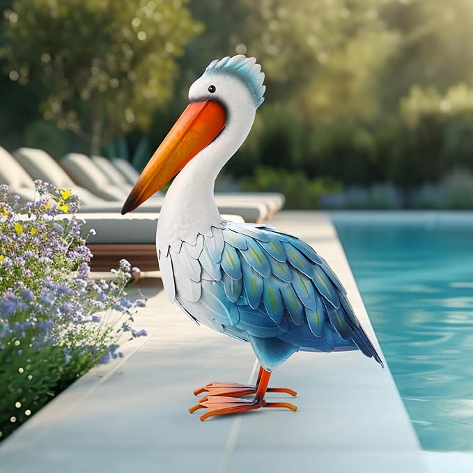 Pelican Statues Metal Garden Decor Coastal Blue Heron Yard Art Sculpture Ornament for Backyard Porch Patio Pond Decor