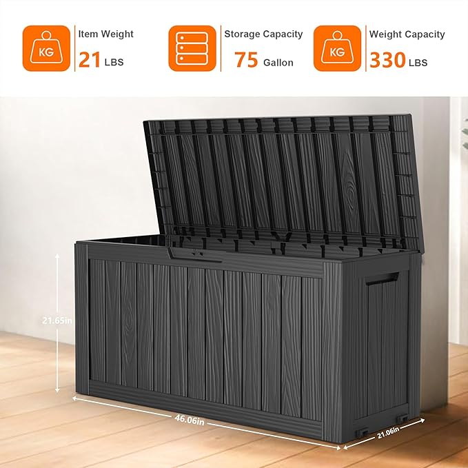 ROJIK Outdoor Storage Box with Wheels,75 Gallon Waterproof Resin Deck Box, Lockable Storage for Patio Cushions,Garden Tools,Pool Accessories,UV-Resistant Storage Bench for Backyard & Deck（Black）