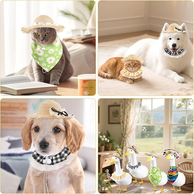 4 Set Porch Goose Outfits for 23"& 17" Goose Statue, Straw Hats & Bow Tie Porch Goose Cloth Set for Outdoor Yard, Garden and Lawn Patio Decor