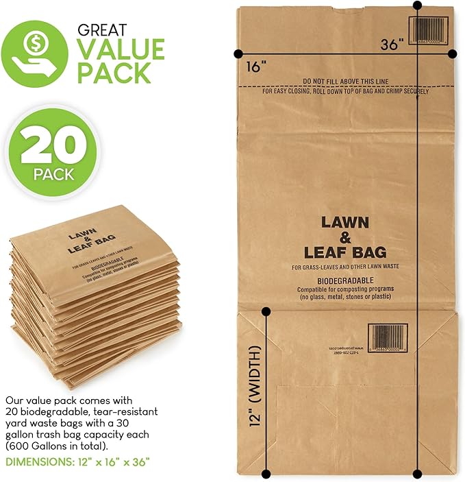 30 Gallon Kraft Lawn and Leaf Bags (20 Pack) Eco-Friendly Heavy Duty Large Paper Trash Bags, Made in the USA Tear Resistant Yard Waste Bags for Grass Clippings, Wet and Dry Leaves, Weeds, Twigs
