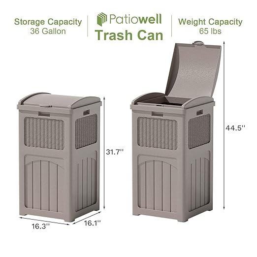 Patiowell 36 Gallon Outdoor Trash Can, Resin Outdoor Garbage Can with Lid for Patio, Backyard, Deck, Light Brown