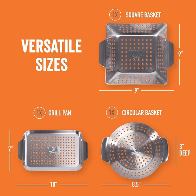 Yukon Glory 3-Piece Mini Grill Basket Set, Perforated Stainless Steel Vegetable BBQ Baskets With Grill Pan Topper, Square & Round, Dishwasher Safe