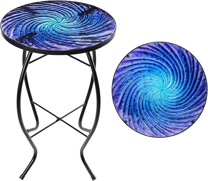 MUMTOP Outdoor End Tables for Patio, Deep Sea Round Side Table, Glass Accent Table for Outside, Garden, Balcony, Porch, Indoor Home Decor
