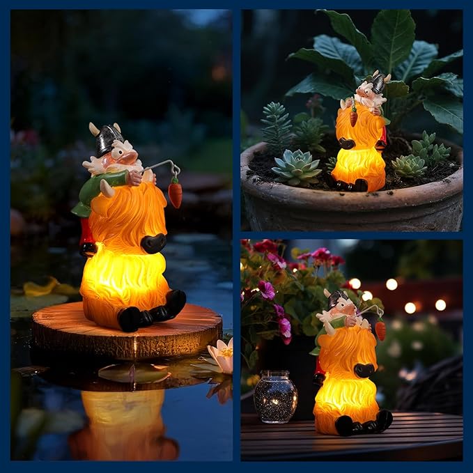 Garden Gnome Statue Highland Cow Gift,Yard Patio Balcony Outdoor Decor Solar Light Figurine, Christmas, Housewarming Gift,Idea Gift for Mom, Neighbor,Gnome Lover