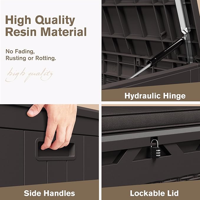 JUMMICO 100 Gallon Resin Deck Box with Cushion, Waterproof Outdoor Storage Box with Lockable Lid for Garden Tools, Patio Cushions (Brown)