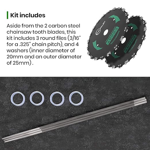 (2-Set) 9" x 20T Chainsaw Tooth Brush Blades - Weed Eater Saw Blade Kit with 2 Carbon Steel Round Chainsaw Blades, 3 Round Files, and 4 Washers for Brush Cutters, String Trimmers, and Weed Wreckers