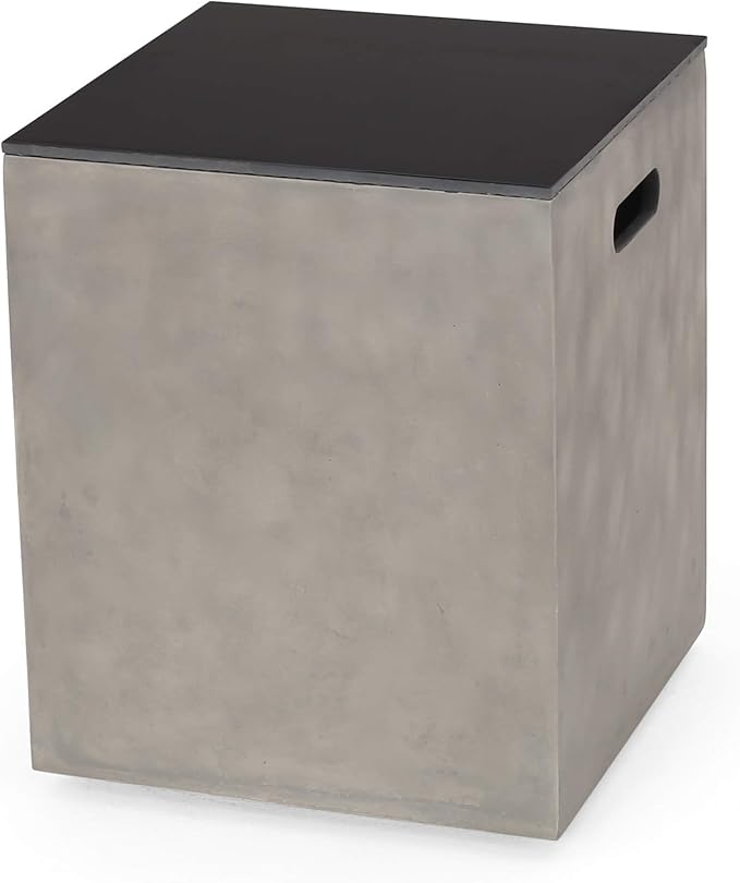 Propane Tank Cover Table for Fire Pits, 20 LB Concrete Propane Tank Holder with Side Handles, Outdoor Tank Storage Side Table for Patio, Gas Griddle, Black+ Gray, Ceramic Top