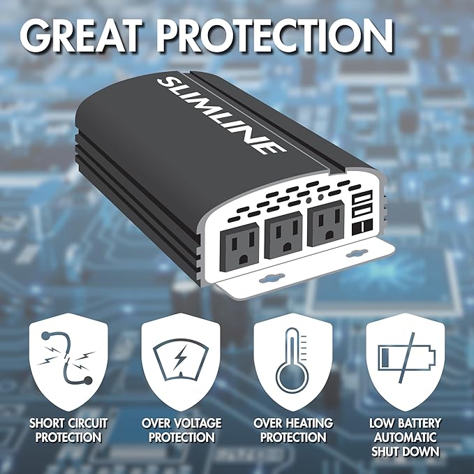 Wagan EL3720 1000W Slimline Plus AC to DC Power Inverter 1000 Watt TrueRated Continuous 2500 Watt Surge Power DC 12V to AC 110V Modified Sine Wave 3 AC Outlets and 2A USB Charging Port