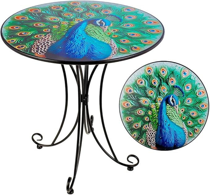 Outdoor Side Table,18 Inch Metal Accent Table, Peacock Round End Tables, Small Coffee Tables for Indoor & Outside Garden Patio Balcony Yard Bedroom