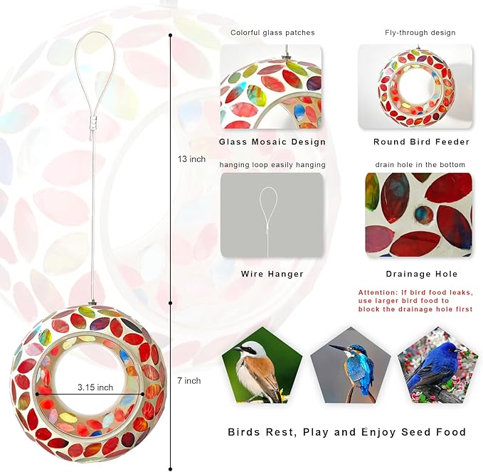 Mosaic Bird Feeder, Outside Hanging with Round Shape Glass BirdFeeders to Attract More Wild Birds, Mosaic Fly Through for Garden, Yard, Backyard, Deck and Porch Decor, Red 7-Inch