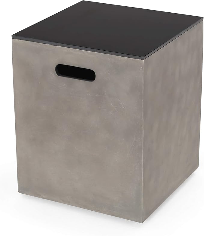 Propane Tank Cover Table for Fire Pits, 20 LB Concrete Propane Tank Holder with Side Handles, Outdoor Tank Storage Side Table for Patio, Gas Griddle, Black+ Gray, Ceramic Top