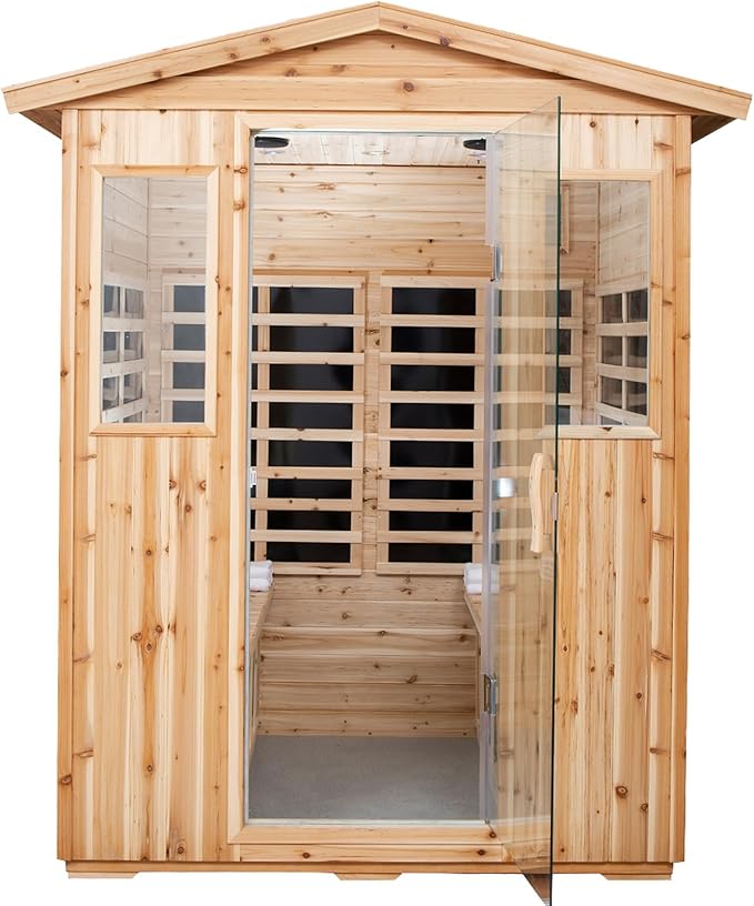 Infrared Sauna Wooden Sauna Room,Outdoor Sauna 4 Person Infrared Saunas for Home,Low Emf Infrared Sauna 2050W 2 Bluetooth Speakers, 2 LED Reading Lamp